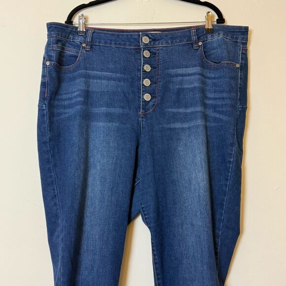 ELOQUII Gena Fit Peach Lift Button Fly Jeans, Size 22 Dark Wash - Picture 2 of 15